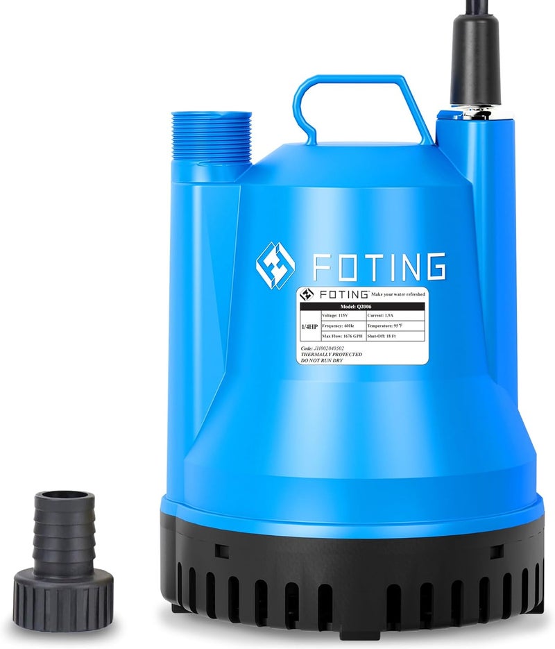 FOTING Sump Pump, High Flow Clean&Dirty Submersible Water Pump, Thermoplastic Electric Portable Utility Pump for Pool Draining Hot Tub Garden Basement, 1/4HP 1676GPH - Image 1